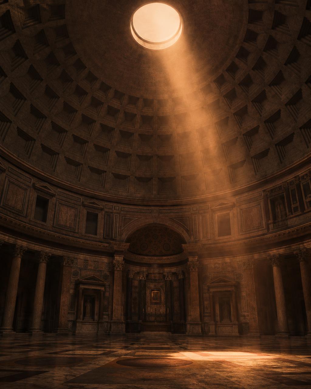 Lichtstrahl fällt durch die Oculus des Pantheon auf die Betonkuppel
