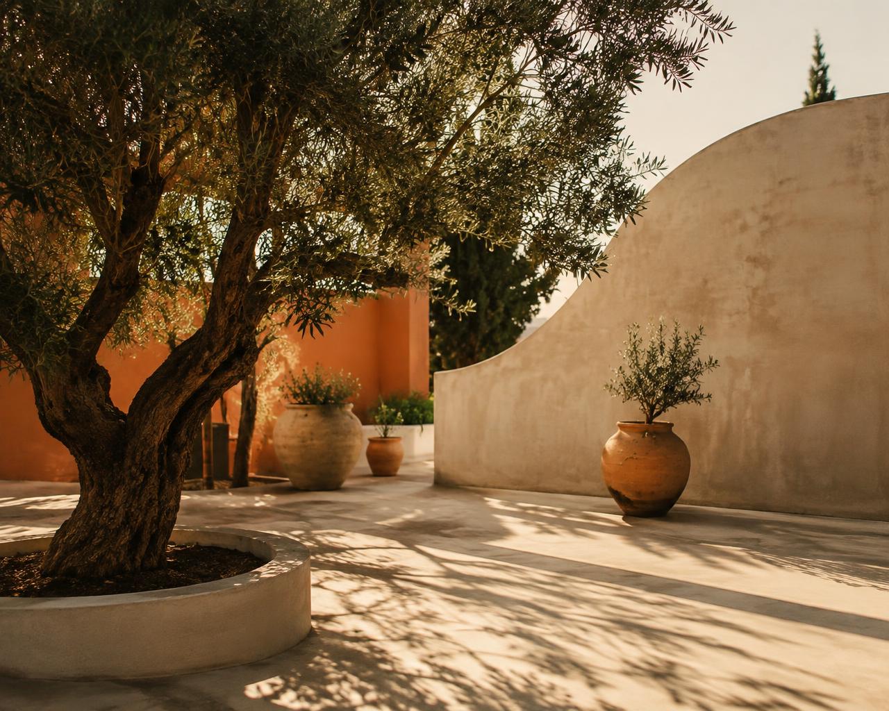 Mediterraner Innenhof mit Olivenbaum, runder Betoneinfassung und geschwungener Wand