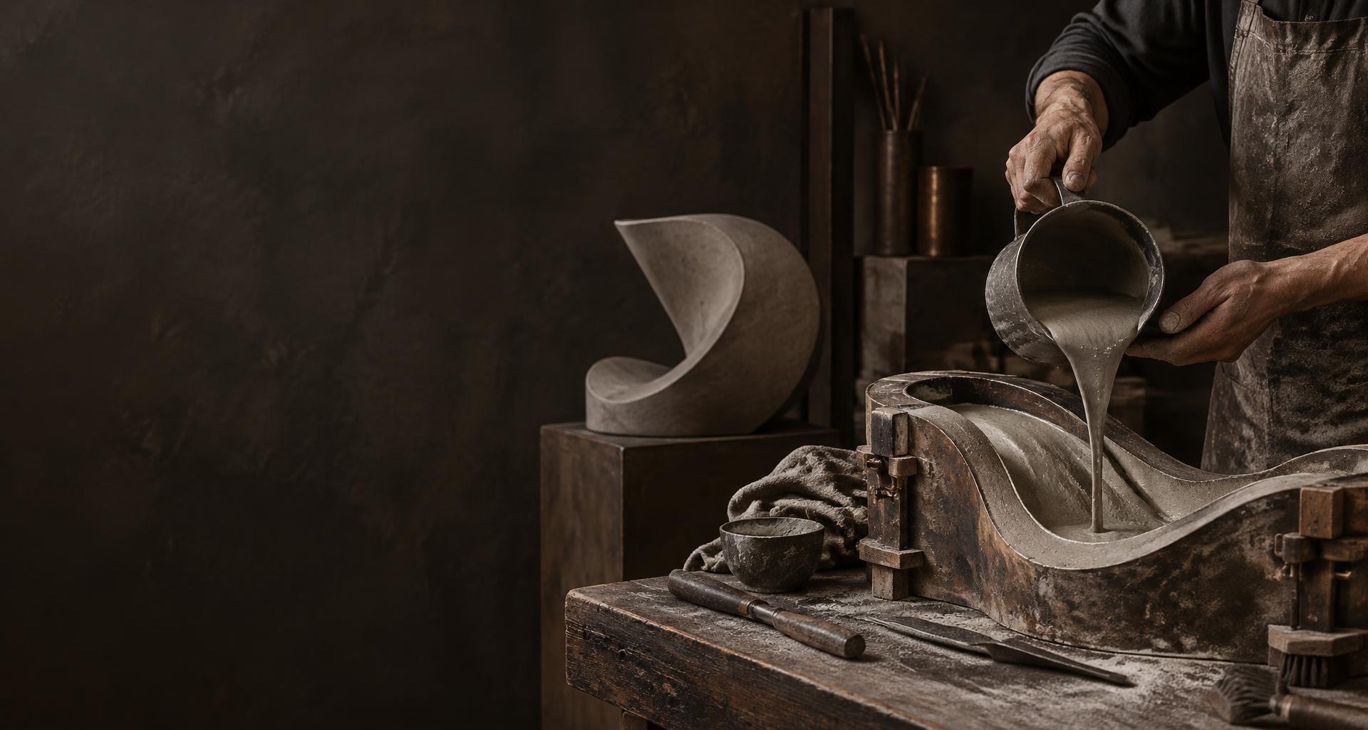 Hände gießen Beton in eine geschwungene Form im Atelier